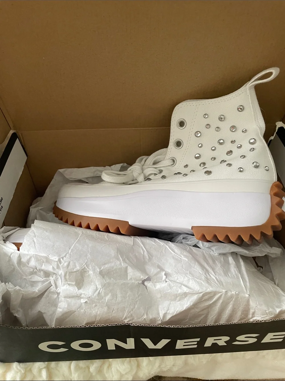 Converse White Platform High-Top Sneakers with Silver Studs and Gum Lug Sole